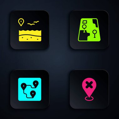 Konumu çapraz işaret, sahil, güzergah konumu ve şehir harita navigasyonu ile ayarlayın. Siyah kare düğme. Vektör.