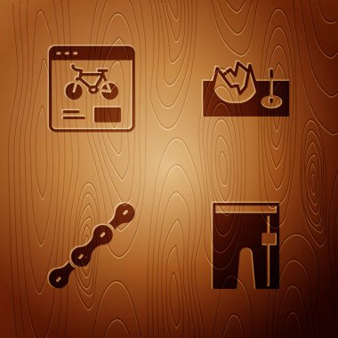 Bisiklet şortu, bisiklet kiralama mobil uygulaması, zincir ve tahta arka planda sokak rampası. Vektör.