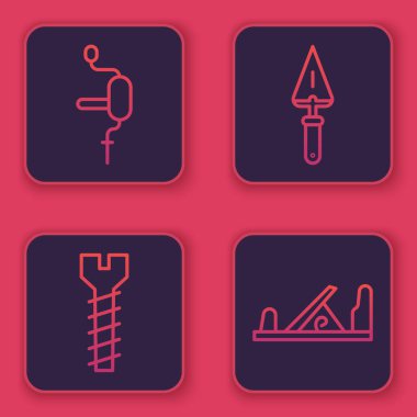 El matkabı, metal vida, Trowel ve Wood uçak gereçleri. Mavi kare düğme. Vektör.