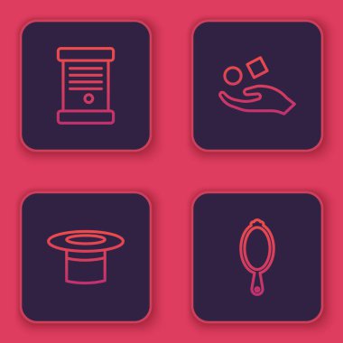 Hüküm, kağıt, parşömen, parşömen, sihirbaz şapkası, küpün el ve aynanın üzerinde yükselmesi. Mavi kare düğme. Vektör.