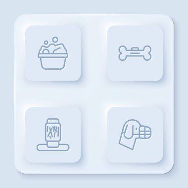 Evcil hayvan banyosu, köpek kemiği, kedi tırmalama tahtası ve ağızlık. Beyaz kare düğme. Vektör.