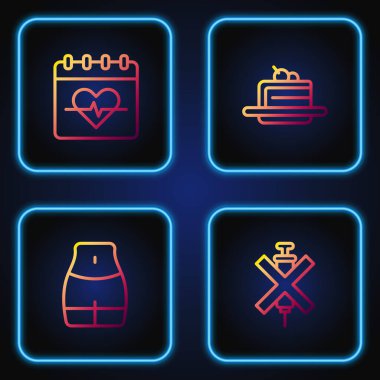 Doping şırıngası yok, kadın beli, kalp atışı ve pasta yok. Renk simgeleri. Vektör.