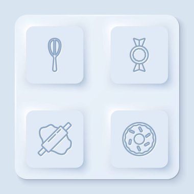 Kitchen çırpma, Candy, hamur ve donut 'ın pimini yerleştirin. Beyaz kare düğme. Vektör.