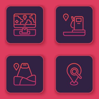 Hat monitörünü konum işaretleyicisi, konum dağı, ve benzin istasyonu ve arama ile ayarla. Mavi kare düğme. Vektör.