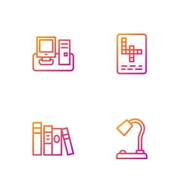 Satır lambası, kitap, klavye ve bulmaca ile monitör ayarla. Renk simgeleri. Vektör.