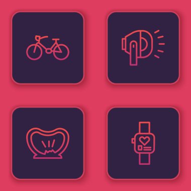 Bisiklet, patlak lastik, lamba ve akıllı saat ayarlayın. Mavi kare düğme. Vektör.