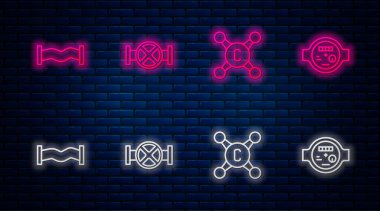 Boru ve vanayı ayarla, su musluğu, metalik ve metre. Tuğla duvarda parlayan neon simgesi. Vektör.