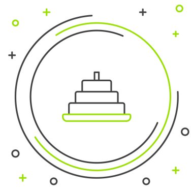 Beyaz arkaplanda yanan mum simgesine sahip Çizgi Keki. Doğum günün kutlu olsun. Renkli taslak konsepti. Vektör.