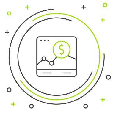 Borsa büyüme grafikleri ve para simgesinin beyaz arka planda izole edildiği bir web sitesi. Ekranda ok grafikleri olan bir monitör. Renkli taslak konsepti. Vektör.