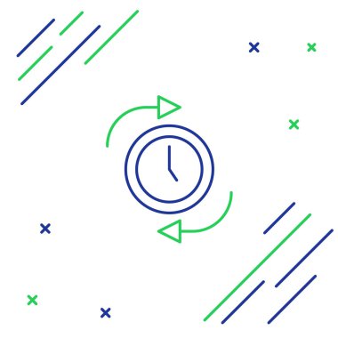 Beyaz arkaplanda ok simgesi olan çizgi saati izole edildi. Zaman sembolü. Saat yönünde döndürme simgesi ok ve zaman. Renkli taslak konsepti. Vektör.