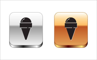 Beyaz arka planda izole edilmiş waffle külahlı siyah dondurma. Güzel sembol. Gümüş ve altın kare düğmeler. Vektör.