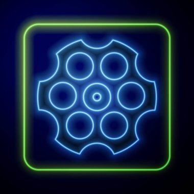 Parlayan neon Revolver silindir simgesi mavi arkaplanda izole edildi. Vektör.