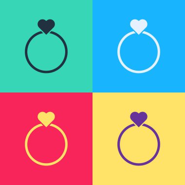 Pop Art Alyansları renk arkaplanında izole edilmiş bir simge. Gelin ve damat mücevher tabelası. Evlilik sembolü. Elmas yüzük. Vektör.