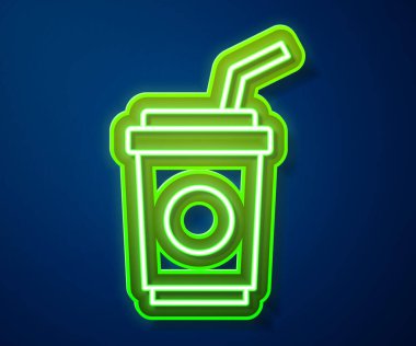 Mavi zemin üzerinde saman ve su ikonu olan parlak neon şeritli kağıt bardak. Soda bardağı. Taze soğuk içecek sembolü. Vektör.