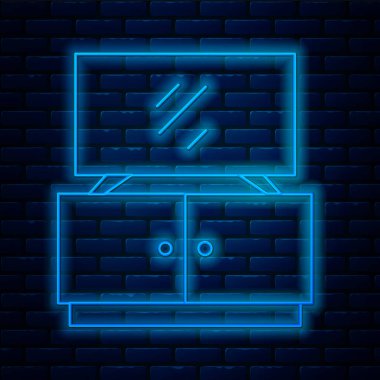 Parlayan neon hattı televizyon masası simgesi tuğla duvar arkasında izole edilmiş. Vektör.