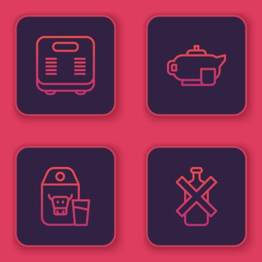 Set line Bathroom scales, Paper package for milk, Teapot with cup and No alcohol. Blue square button. Vector.