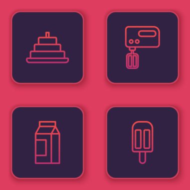 Yakıcı mumlu çizgi pasta, süt için kağıt paket, elektrikli karıştırıcı ve dondurma. Mavi kare düğme. Vektör.