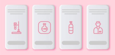 Test tüpünü ateşe verin. Propan gazı deposunu ve laboratuvar asistanını da. Beyaz dikdörtgen düğme. Vektör.