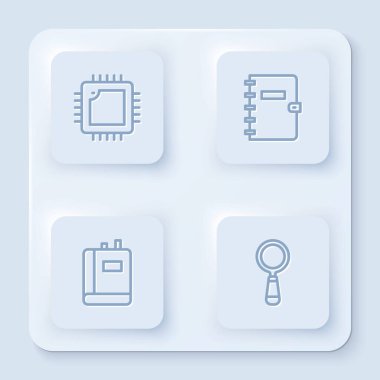 Hat işlemcisini işlemci, Spiral defter, kitap ve büyüteç ile ayarla. Beyaz kare düğme. Vektör.