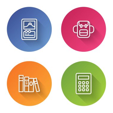 Çizgi kart oyunu, okul çantası, kitap ve hesap makinesi. Renkli daire düğmesi. Vektör.