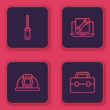 Tornavida, işçi kaskı, dizüstü bilgisayar servisi ve alet çantası ayarlayın. Mavi kare düğme. Vektör.