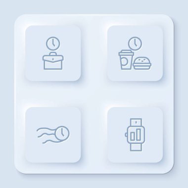 Çizgi çalışma zamanı, Fast food, zaman akıp gidiyor ve Smartwatch. Beyaz kare düğme. Vektör.