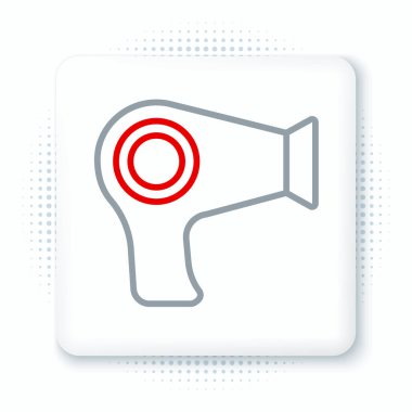 Beyaz arkaplanda çizgi saç kurutma ikonu izole edildi. Saç kurutma makinesi tabelası. Saç kurutma sembolü. Sıcak hava üflüyor. Renkli taslak konsepti. Vektör.