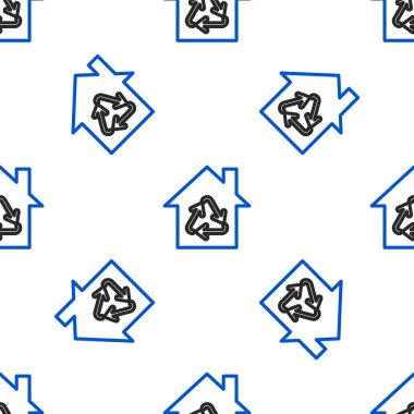Geri dönüşüm sembolü simgesi olan Line Eco House beyaz arka planda izole edilmiş pürüzsüz desen. Geri dönüşüm oklarıyla ekoloji evi. Renkli taslak konsepti. Vektör.