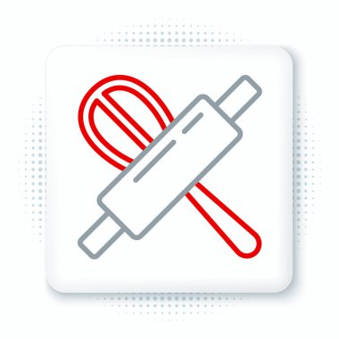 Line Kitchen çırpma ve merdane simgesi beyaz arkaplanda izole edildi. Mutfak aletleri, yumurta çırpıcı. Çatal bıçak seti. Yemek karışımı sembolü. Renkli taslak konsepti. Vektör.