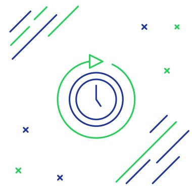 Beyaz arkaplanda ok simgesi olan çizgi saati izole edildi. Zaman sembolü. Saat yönünde döndürme simgesi ok ve zaman. Renkli taslak konsepti. Vektör.