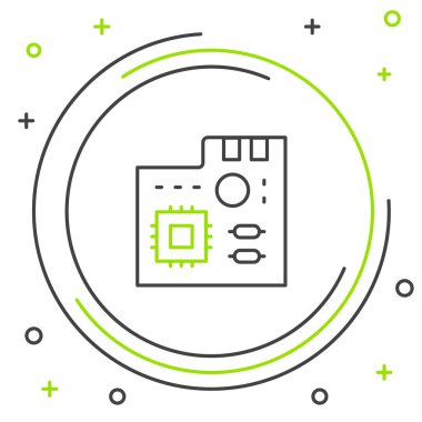 Line Electronic bilgisayar bileşenleri anakart dijital çip entegre bilim ikonu beyaz zemin üzerinde izole. Devre kartı. Renkli taslak konsepti. Vektör.