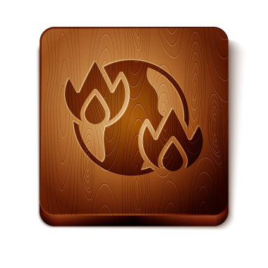 Kahverengi Küresel ısınma ateş ikonu beyaz arka planda izole. Tahta kare düğme. Vektör.