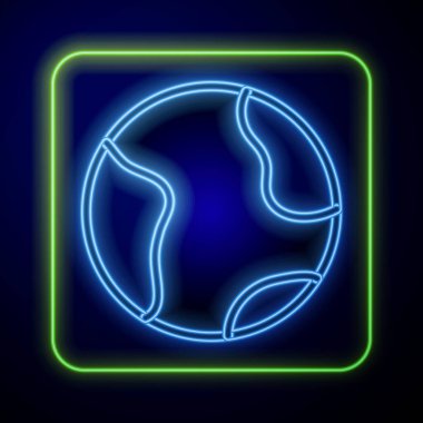 Parlayan neon ışıklı dünya ikonu mavi arka planda izole edildi. Dünya ya da Dünya işareti. Küresel internet sembolü. Geometrik şekiller. Vektör.