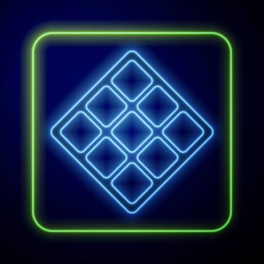 Parlayan neon waffle simgesi mavi arkaplanda izole edildi. Vektör.