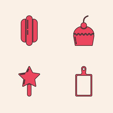 Kesme tahtası, Hotdog sandviçi, pasta ve lolipop ikonu. Vektör.