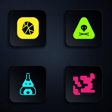 Gaz, tuz taşı, tüp tüpü ateşi ve üçgen uyarı zehrini hazırlayın. Siyah kare düğme. Vektör.