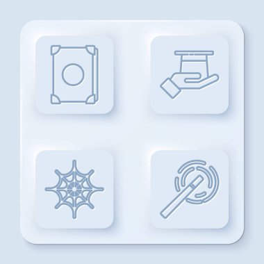 Eskiler 'in sihirli kitabı, elinde sihirbaz şapkası, örümcek ağı ve sihirli değneği. Beyaz kare düğme. Vektör.