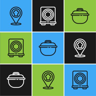 Şef şapkasını konuma göre ayarla, tencere ve elektrikli ocak ikonu. Vektör.