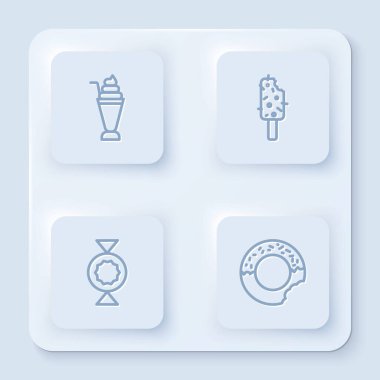Milkshake, Dondurma, Şeker ve Donut. Beyaz kare düğme. Vektör.