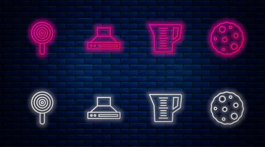 Mutfak vantilatörü, ölçü kabı, lolipop ve bisküvi ayarlayın. Tuğla duvarda parlayan neon simgesi. Vektör.