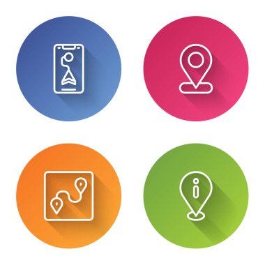 Hat Şehir haritası konumunu, konumunu, güzergahını ve bilgilerini ayarla. Renkli daire düğmesi. Vektör.