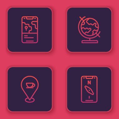 Hat şehir haritası navigasyonu, kahve fincanı, Dünya küresi ve pusula cep telefonu olan yer. Mavi kare düğme. Vektör.