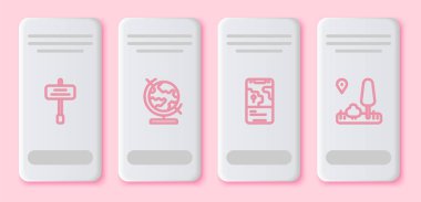 Yol trafik işaretleri, Dünya küresi, şehir haritası navigasyonu ve... Beyaz dikdörtgen düğme. Vektör.