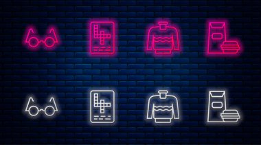 Çapraz bulmaca, süveter, gözlük ve hamburger. Tuğla duvarda parlayan neon simgesi. Vektör.