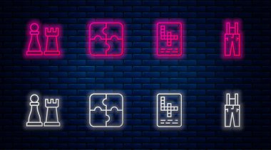 Çizgi yap-boz, çapraz bulmaca, pantolon ve pantolon askısı. Tuğla duvarda parlayan neon simgesi. Vektör.