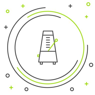 Beyaz arkaplanda izole edilmiş hareket simgesi olarak sarkacı olan Klasik Çizgi Metronomu. Müzik ve ritim mekanizması. Renkli taslak konsepti. Vektör.