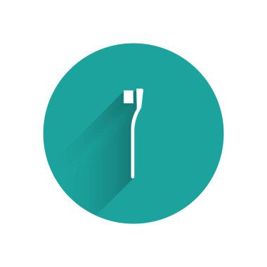 Uzun gölgeli beyaz diş fırçası simgesi. Yeşil daire düğmesi. Vektör İllüstrasyonu.