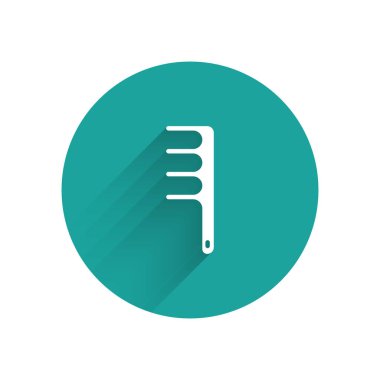 Uzun gölgeli köpek ve kedi ikonu için beyaz saç fırçası. Hayvan kürkü için fırça. Hayvan aksesuarı. Yeşil daire düğmesi. Vektör.