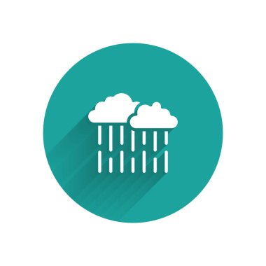 Uzun gölgeli, ikonlu beyaz bulut. Yağmur damlaları ile yağmur bulutu yağışı. Yeşil daire düğmesi. Vektör.