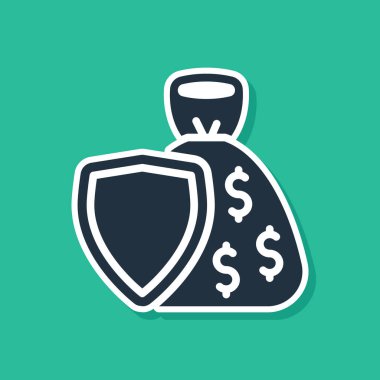 Yeşil zemin üzerinde dolar sembolü olan Mavi Kalkan ve para çantası. Güvenlik kalkanı koruması. Para güvenliği konsepti. Vektör.